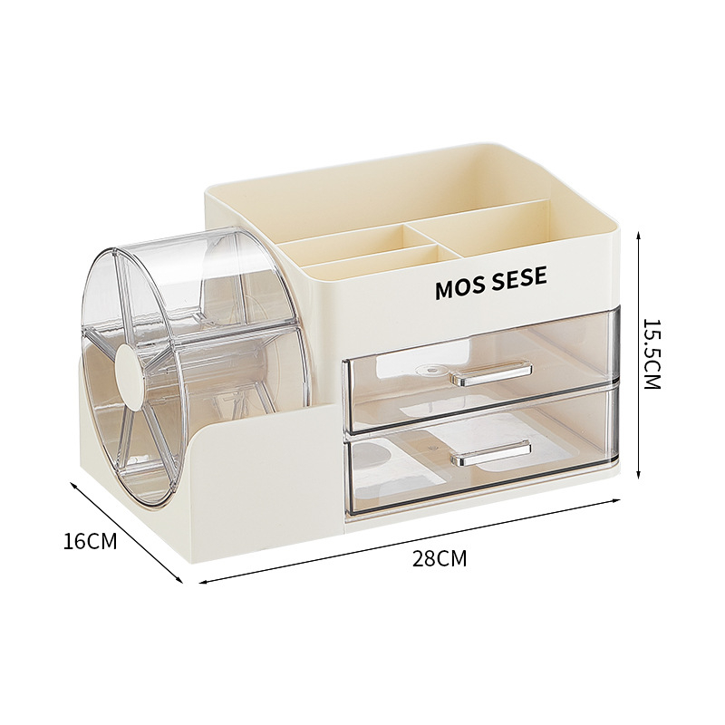 Kutija za kozmetiku s rotirajućim organizatorom za toaletni stol – od plastike, modernan minimalistički stil, otporna na prašinu