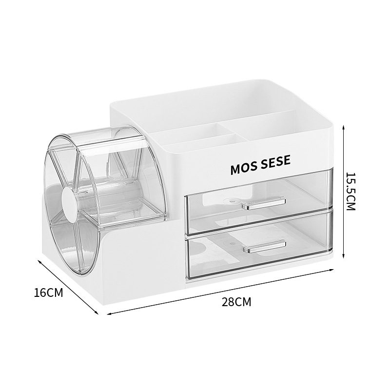 Kutija za kozmetiku s rotirajućim organizatorom za toaletni stol – od plastike, modernan minimalistički stil, otporna na prašinu