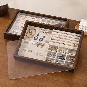 Juvelyrinių dirbinių dėžutė su skaidriu akriliniu dangteliu, medinė, stalinis laikymas (dulkių atsparumas; drėgmės atsparumas; 1 sluoksnis)