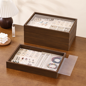 Juvelyrinių dirbinių dėžutė su skaidriu akriliniu dangteliu, medinė, stalinis laikymas (dulkių atsparumas; drėgmės atsparumas; 1 sluoksnis)