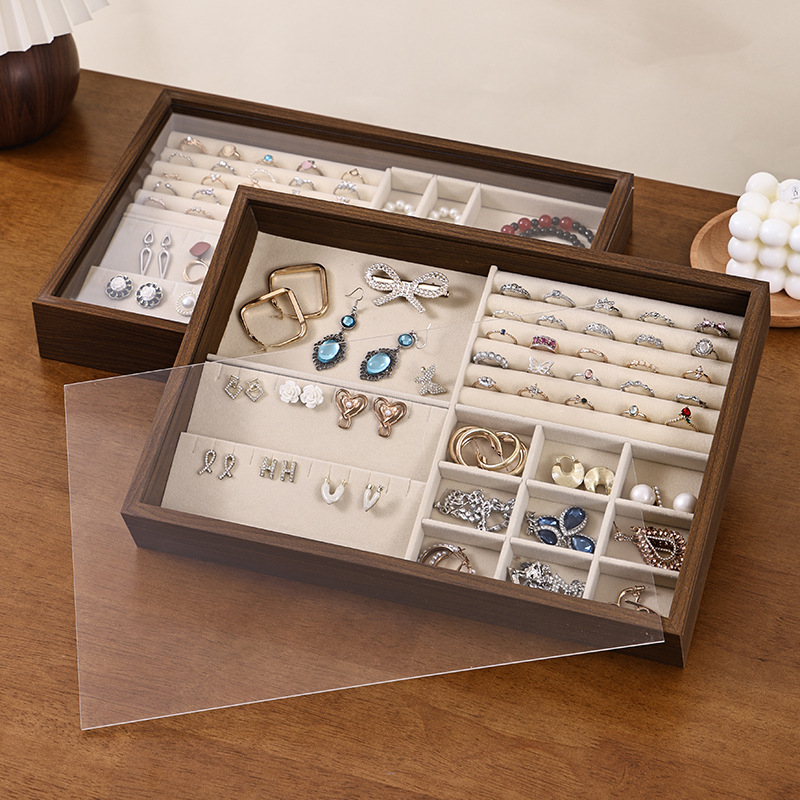 Juvelyrinių dirbinių dėžutė su skaidriu akriliniu dangteliu, medinė, stalinis laikymas (dulkių atsparumas; drėgmės atsparumas; 1 sluoksnis)