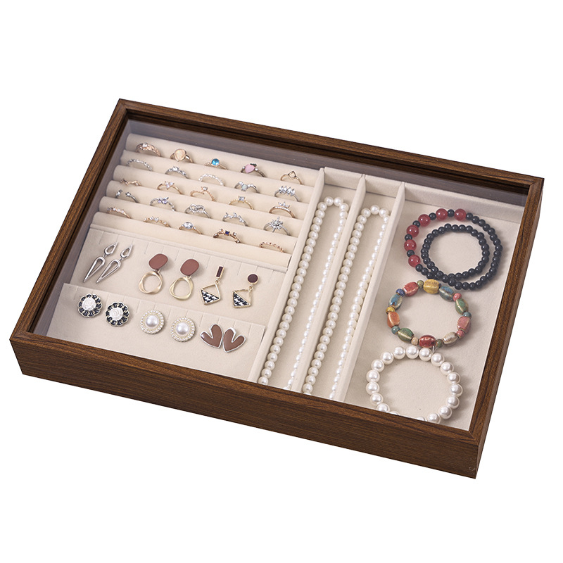 Juvelyrinių dirbinių dėžutė su skaidriu akriliniu dangteliu, medinė, stalinis laikymas (dulkių atsparumas; drėgmės atsparumas; 1 sluoksnis)