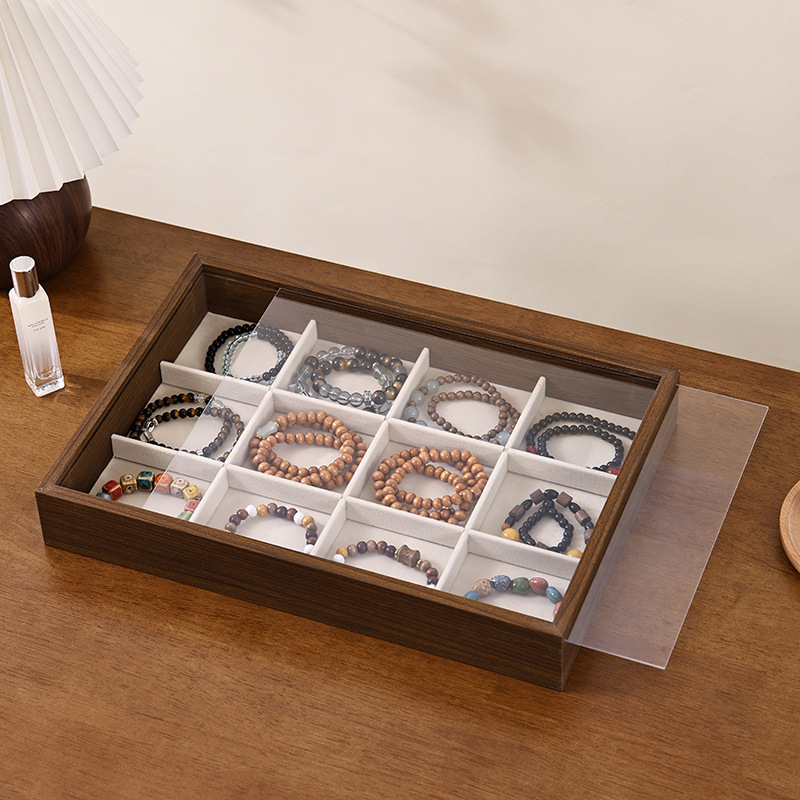 Juvelyrinių dirbinių dėžutė su skaidriu akriliniu dangteliu, medinė, stalinis laikymas (dulkių atsparumas; drėgmės atsparumas; 1 sluoksnis)