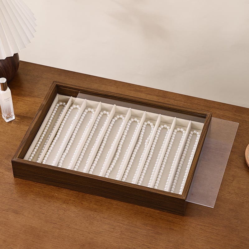 Juvelyrinių dirbinių dėžutė su skaidriu akriliniu dangteliu, medinė, stalinis laikymas (dulkių atsparumas; drėgmės atsparumas; 1 sluoksnis)