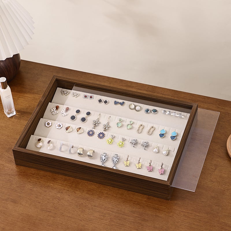 Juvelyrinių dirbinių dėžutė su skaidriu akriliniu dangteliu, medinė, stalinis laikymas (dulkių atsparumas; drėgmės atsparumas; 1 sluoksnis)