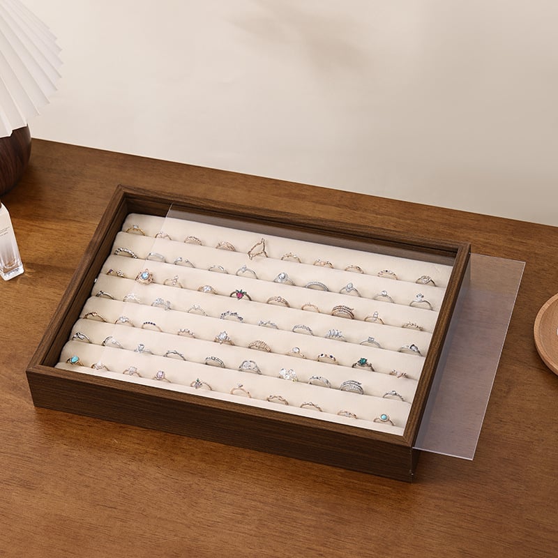 Juvelyrinių dirbinių dėžutė su skaidriu akriliniu dangteliu, medinė, stalinis laikymas (dulkių atsparumas; drėgmės atsparumas; 1 sluoksnis)