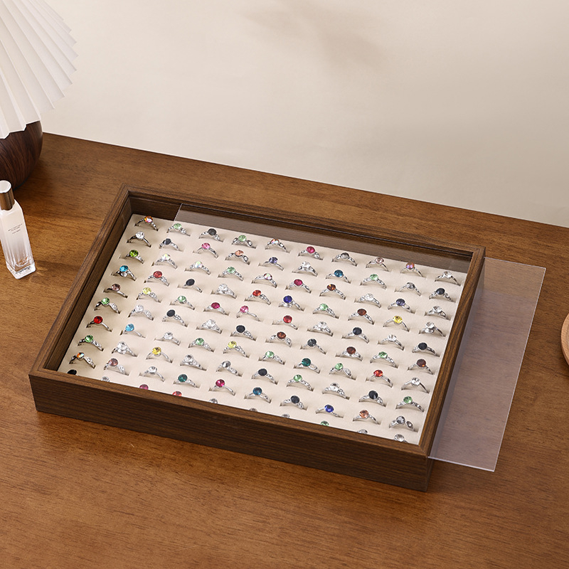 Juvelyrinių dirbinių dėžutė su skaidriu akriliniu dangteliu, medinė, stalinis laikymas (dulkių atsparumas; drėgmės atsparumas; 1 sluoksnis)