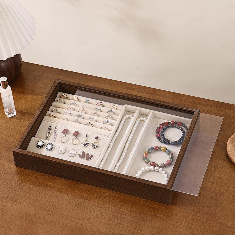 Juvelyrinių dirbinių dėžutė su skaidriu akriliniu dangteliu, medinė, stalinis laikymas (dulkių atsparumas; drėgmės atsparumas; 1 sluoksnis)