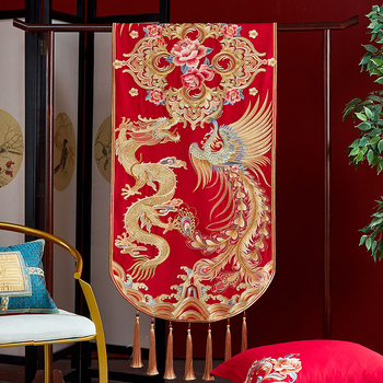 Σημαία κρεβατιού και κάλυμμα άκρου για γαμήλια διακόσμηση, κεντημένο μακρύ πανό με μοτίβο δράκος και Φοίνικας, κινέζικού στυλ για ξενοδοχειακή κρεβατοκάμαρα