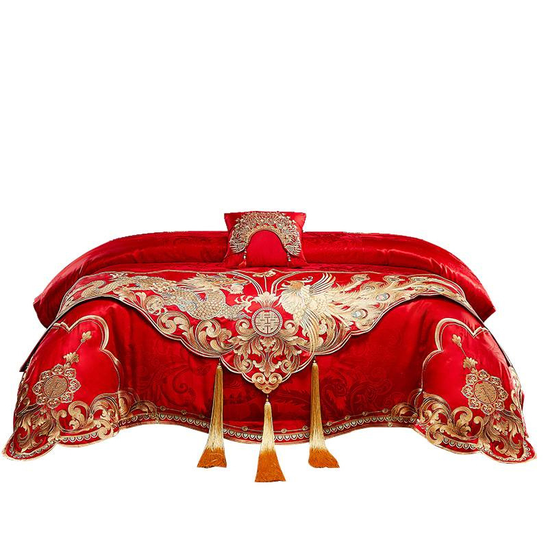 Σημαία κρεβατιού και κάλυμμα άκρου για γαμήλια διακόσμηση, κεντημένο μακρύ πανό με μοτίβο δράκος και Φοίνικας, κινέζικού στυλ για ξενοδοχειακή κρεβατοκάμαρα