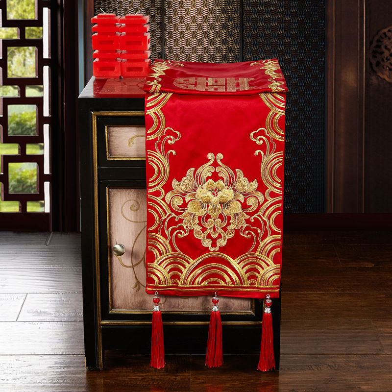 Σημαία κρεβατιού και κάλυμμα άκρου για γαμήλια διακόσμηση, κεντημένο μακρύ πανό με μοτίβο δράκος και Φοίνικας, κινέζικού στυλ για ξενοδοχειακή κρεβατοκάμαρα