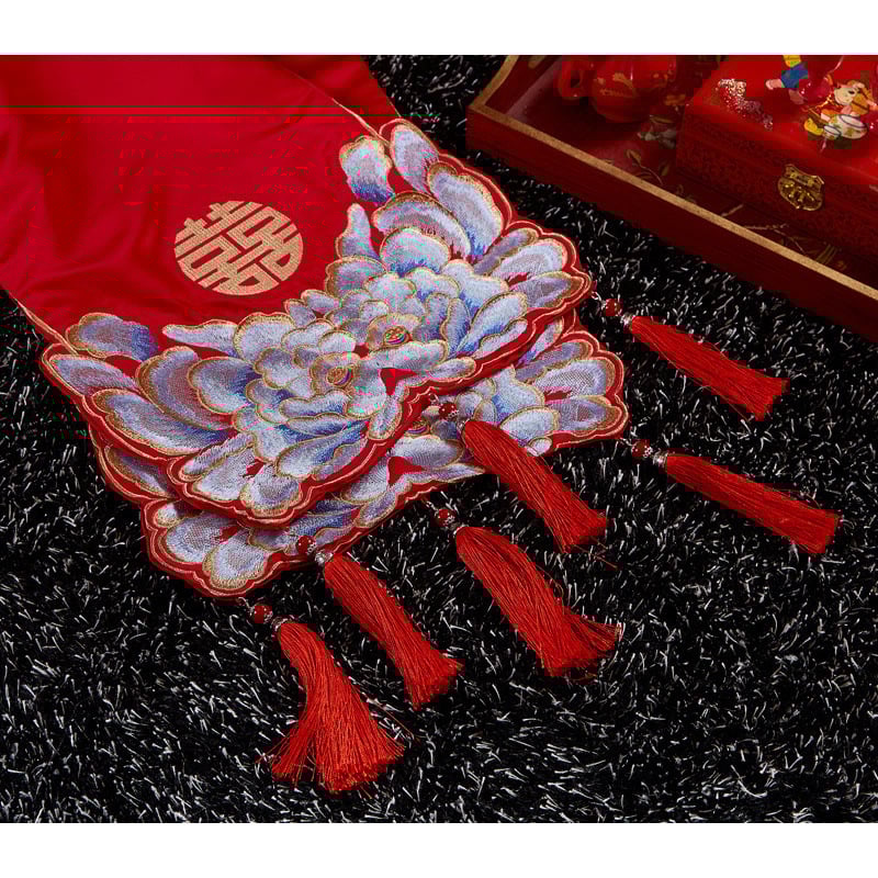 Σημαία κρεβατιού και κάλυμμα άκρου για γαμήλια διακόσμηση, κεντημένο μακρύ πανό με μοτίβο δράκος και Φοίνικας, κινέζικού στυλ για ξενοδοχειακή κρεβατοκάμαρα