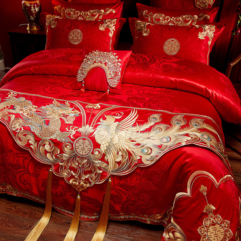 Σημαία κρεβατιού και κάλυμμα άκρου για γαμήλια διακόσμηση, κεντημένο μακρύ πανό με μοτίβο δράκος και Φοίνικας, κινέζικού στυλ για ξενοδοχειακή κρεβατοκάμαρα