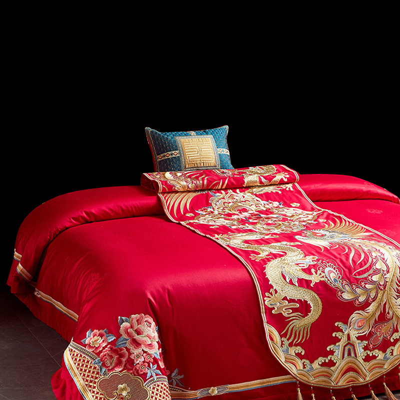 Σημαία κρεβατιού και κάλυμμα άκρου για γαμήλια διακόσμηση, κεντημένο μακρύ πανό με μοτίβο δράκος και Φοίνικας, κινέζικού στυλ για ξενοδοχειακή κρεβατοκάμαρα