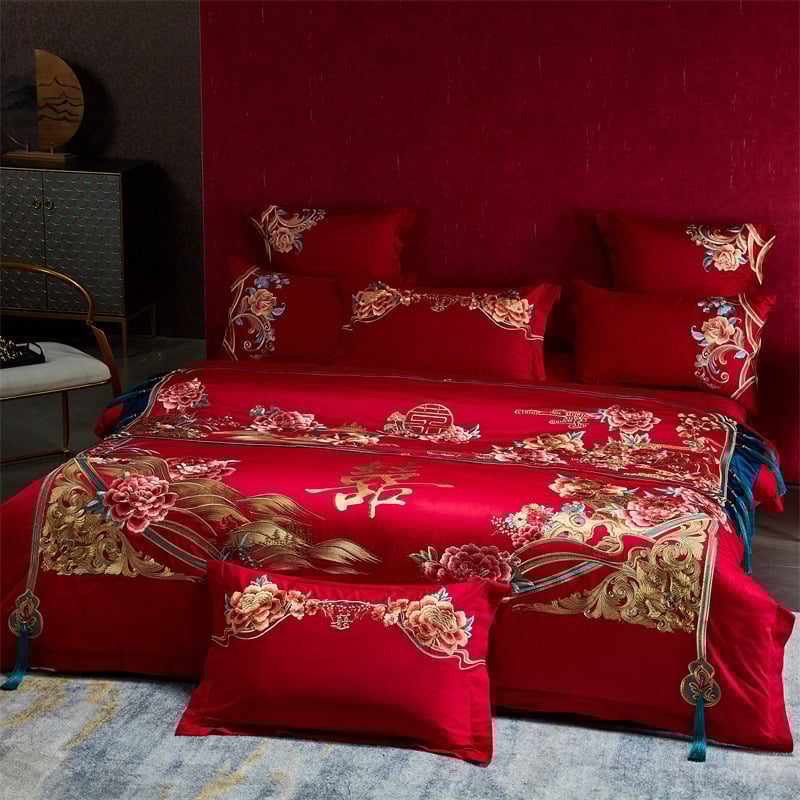 Σημαία κρεβατιού και κάλυμμα άκρου για γαμήλια διακόσμηση, κεντημένο μακρύ πανό με μοτίβο δράκος και Φοίνικας, κινέζικού στυλ για ξενοδοχειακή κρεβατοκάμαρα