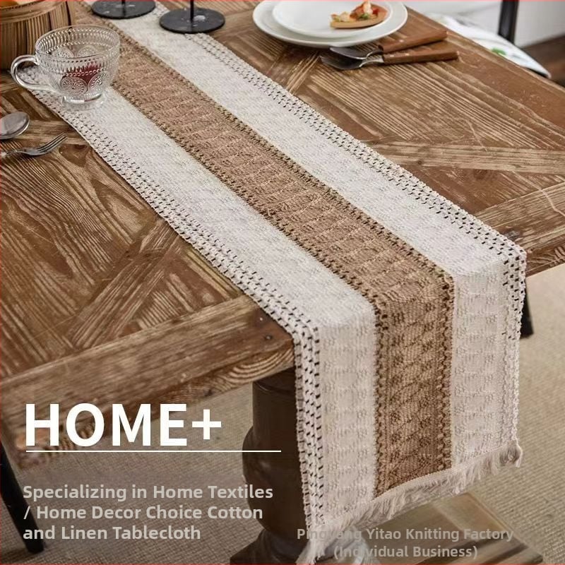 Steag pentru masă și față de masă, model în dungi din amestec in-bumbac 80/20, ciucuri, decor nordic luminos