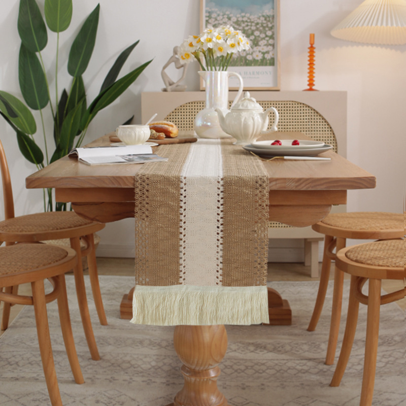 Steag pentru masă și față de masă, model în dungi din amestec in-bumbac 80/20, ciucuri, decor nordic luminos