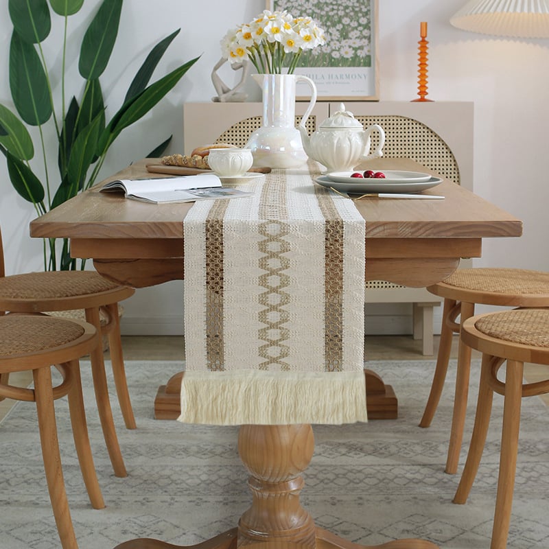 Steag pentru masă și față de masă, model în dungi din amestec in-bumbac 80/20, ciucuri, decor nordic luminos