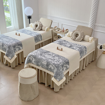 Σετ τεσσάρων τεμαχίων καλύμματος κρεβατιού ομορφιάς για σαλόνι, με μοτίβο φυτικά λουλούδια, ύφασμα βαμβάκι-λινό, αντιδραστική βαφή, ύφανση twill, δυνατότητα εξατομίκευσης.