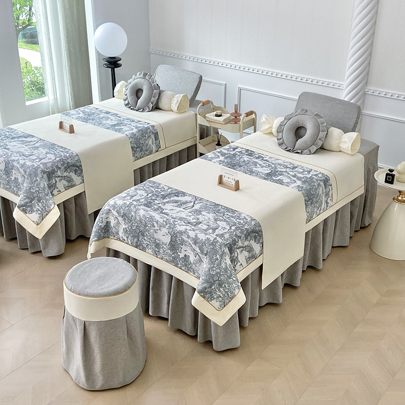 Σετ τεσσάρων τεμαχίων καλύμματος κρεβατιού ομορφιάς για σαλόνι, με μοτίβο φυτικά λουλούδια, ύφασμα βαμβάκι-λινό, αντιδραστική βαφή, ύφανση twill, δυνατότητα εξατομίκευσης.