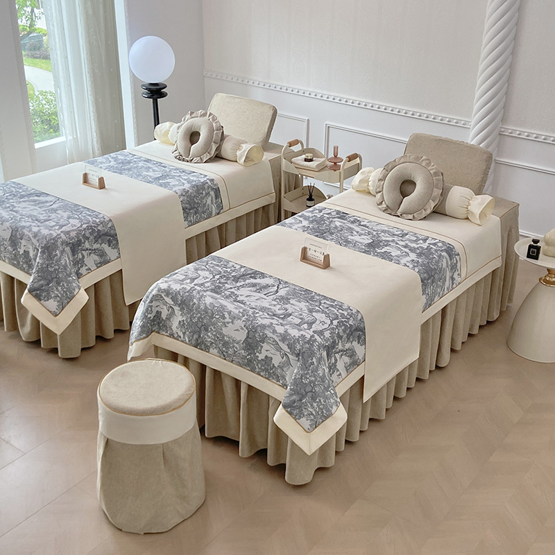 Σετ τεσσάρων τεμαχίων καλύμματος κρεβατιού ομορφιάς για σαλόνι, με μοτίβο φυτικά λουλούδια, ύφασμα βαμβάκι-λινό, αντιδραστική βαφή, ύφανση twill, δυνατότητα εξατομίκευσης.