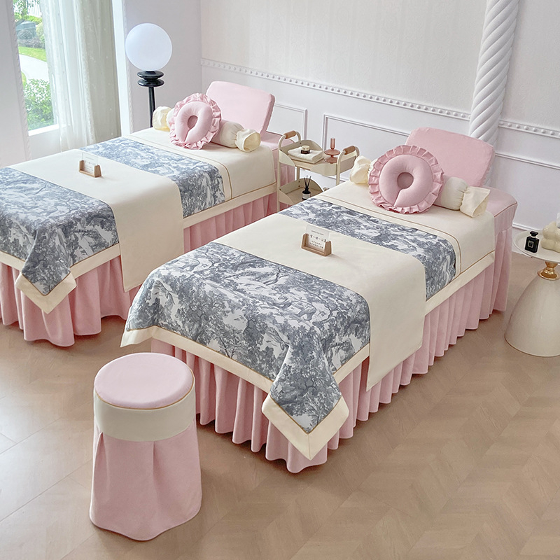 Σετ τεσσάρων τεμαχίων καλύμματος κρεβατιού ομορφιάς για σαλόνι, με μοτίβο φυτικά λουλούδια, ύφασμα βαμβάκι-λινό, αντιδραστική βαφή, ύφανση twill, δυνατότητα εξατομίκευσης.