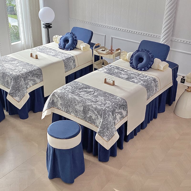 Σετ τεσσάρων τεμαχίων καλύμματος κρεβατιού ομορφιάς για σαλόνι, με μοτίβο φυτικά λουλούδια, ύφασμα βαμβάκι-λινό, αντιδραστική βαφή, ύφανση twill, δυνατότητα εξατομίκευσης.