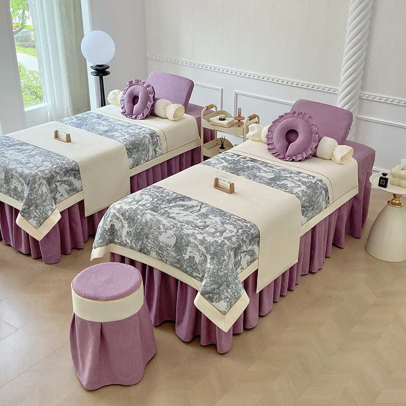 Σετ τεσσάρων τεμαχίων καλύμματος κρεβατιού ομορφιάς για σαλόνι, με μοτίβο φυτικά λουλούδια, ύφασμα βαμβάκι-λινό, αντιδραστική βαφή, ύφανση twill, δυνατότητα εξατομίκευσης.