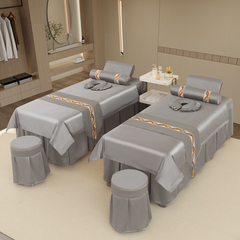 Neljaosal voodipesukomplekt ilusalongile, kerge luksus stiil, twill-kude, reaktiivne trükk ja värvimine, sobib protseduuride ja massaaživooditele.