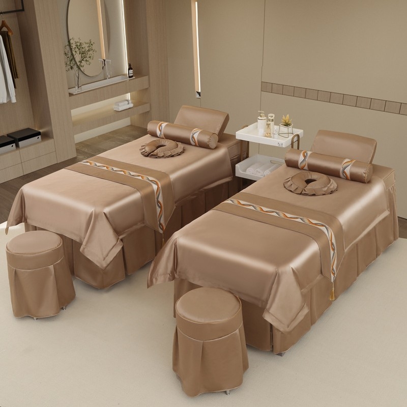 Neljaosal voodipesukomplekt ilusalongile, kerge luksus stiil, twill-kude, reaktiivne trükk ja värvimine, sobib protseduuride ja massaaživooditele.