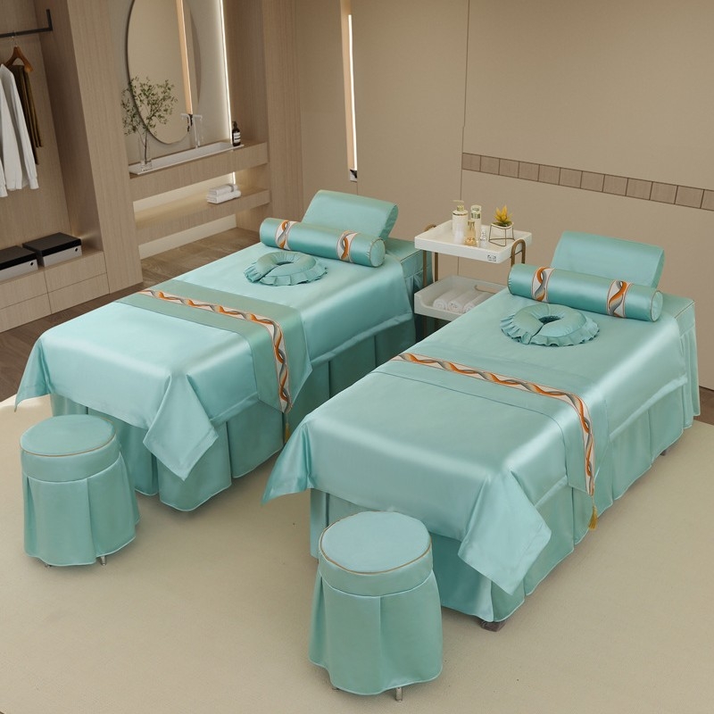 Neljaosal voodipesukomplekt ilusalongile, kerge luksus stiil, twill-kude, reaktiivne trükk ja värvimine, sobib protseduuride ja massaaživooditele.