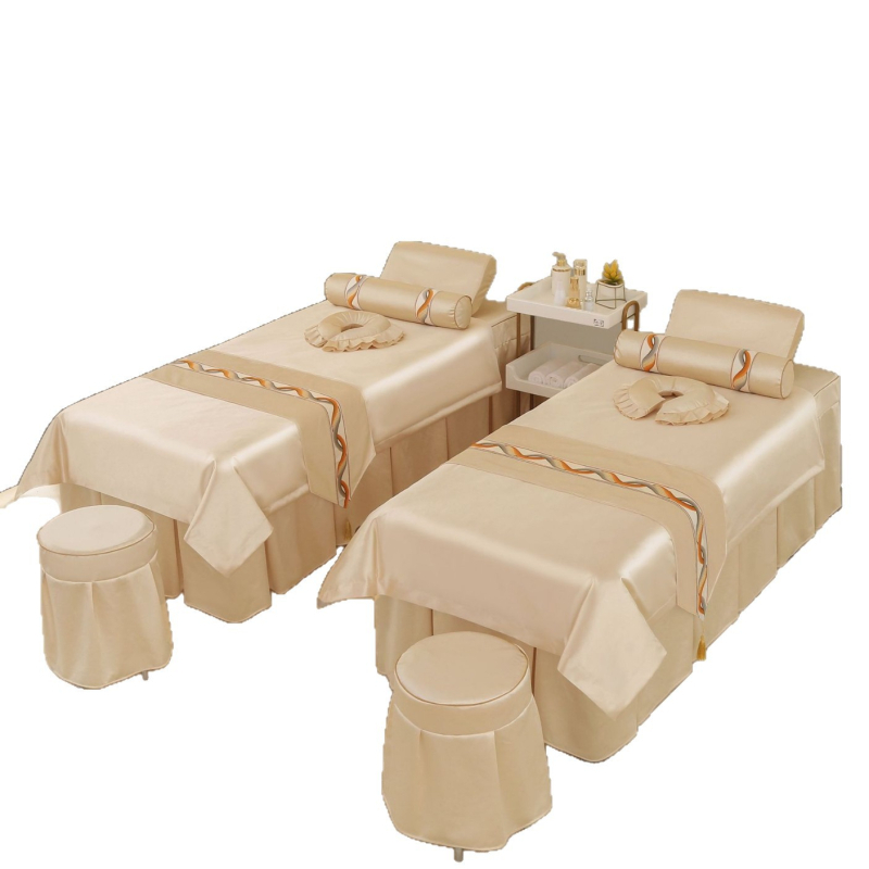 Neljaosal voodipesukomplekt ilusalongile, kerge luksus stiil, twill-kude, reaktiivne trükk ja värvimine, sobib protseduuride ja massaaživooditele.