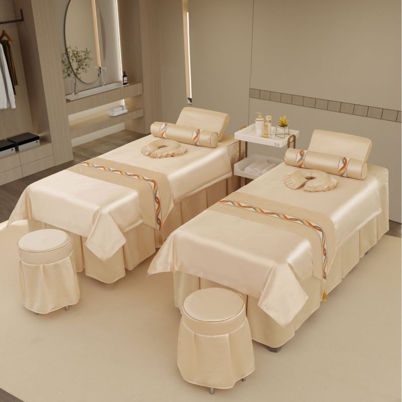 Neljaosal voodipesukomplekt ilusalongile, kerge luksus stiil, twill-kude, reaktiivne trükk ja värvimine, sobib protseduuride ja massaaživooditele.