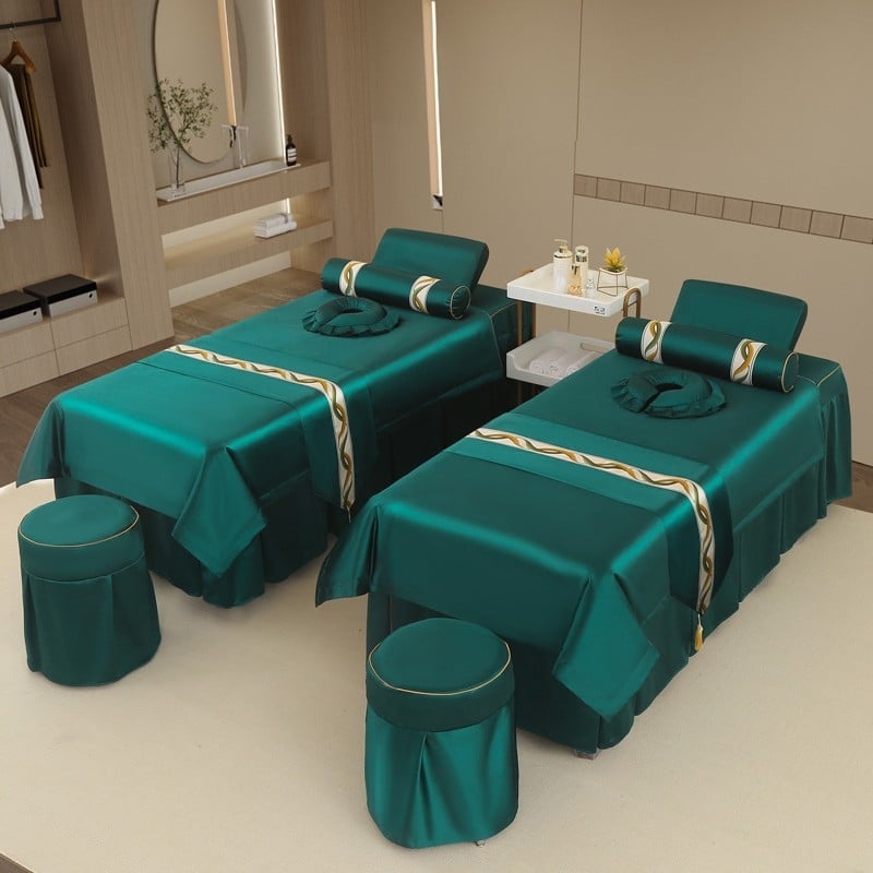 Neljaosal voodipesukomplekt ilusalongile, kerge luksus stiil, twill-kude, reaktiivne trükk ja värvimine, sobib protseduuride ja massaaživooditele.