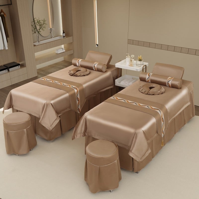 Neljaosal voodipesukomplekt ilusalongile, kerge luksus stiil, twill-kude, reaktiivne trükk ja värvimine, sobib protseduuride ja massaaživooditele.