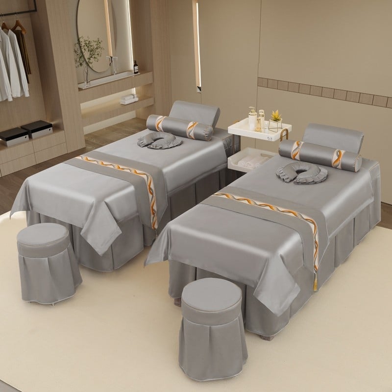 Neljaosal voodipesukomplekt ilusalongile, kerge luksus stiil, twill-kude, reaktiivne trükk ja värvimine, sobib protseduuride ja massaaživooditele.