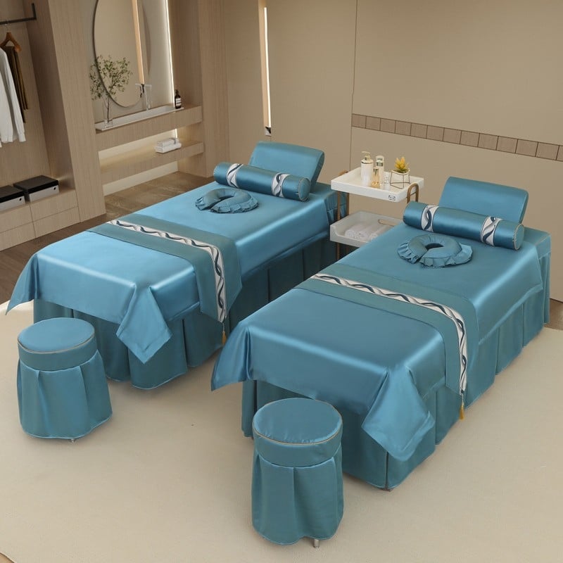 Neljaosal voodipesukomplekt ilusalongile, kerge luksus stiil, twill-kude, reaktiivne trükk ja värvimine, sobib protseduuride ja massaaživooditele.