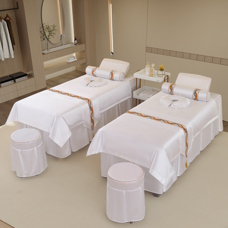 Neljaosal voodipesukomplekt ilusalongile, kerge luksus stiil, twill-kude, reaktiivne trükk ja värvimine, sobib protseduuride ja massaaživooditele.