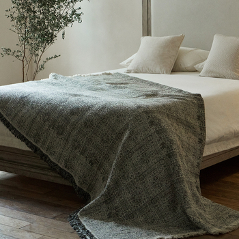 Плед за диван в ретро стил вайби-саби, памучно–ленен микс с жакардови пискюли, геометричен модел, 1000 г, за декорация на дивана и около краищата на леглото (пролет–есен)