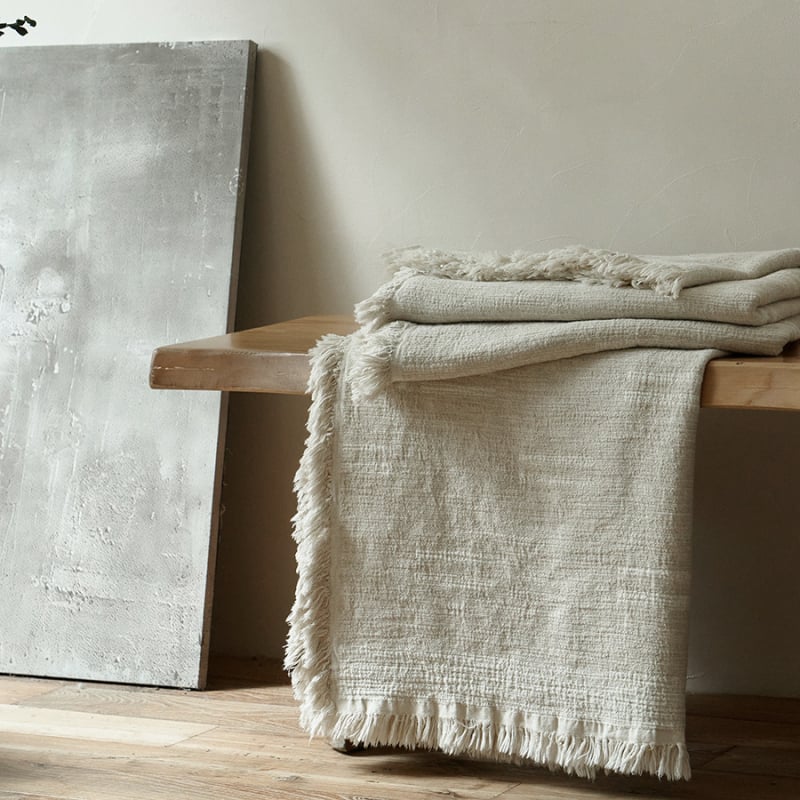 Плед за диван в ретро стил вайби-саби, памучно–ленен микс с жакардови пискюли, геометричен модел, 1000 г, за декорация на дивана и около краищата на леглото (пролет–есен)