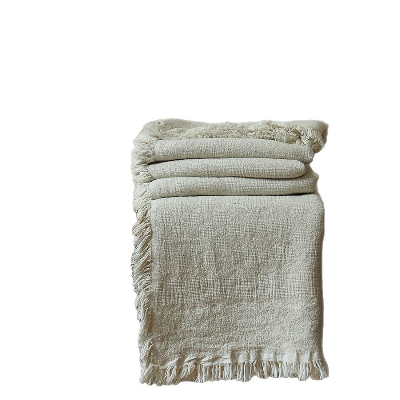 Плед за диван в ретро стил вайби-саби, памучно–ленен микс с жакардови пискюли, геометричен модел, 1000 г, за декорация на дивана и около краищата на леглото (пролет–есен)