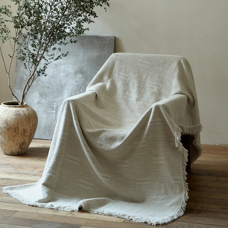 Плед за диван в ретро стил вайби-саби, памучно–ленен микс с жакардови пискюли, геометричен модел, 1000 г, за декорация на дивана и около краищата на леглото (пролет–есен)