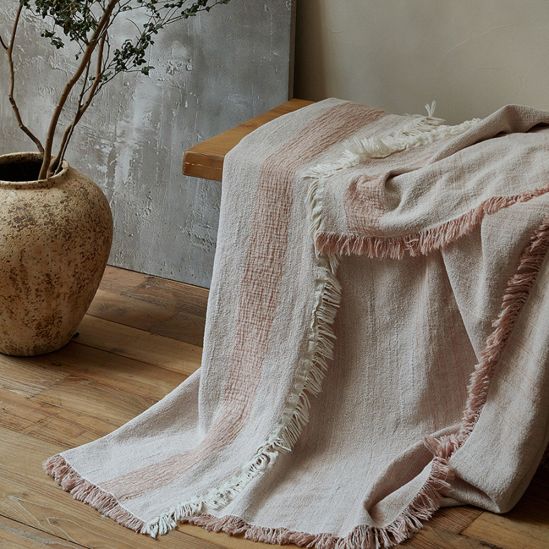 Плед за диван в ретро стил вайби-саби, памучно–ленен микс с жакардови пискюли, геометричен модел, 1000 г, за декорация на дивана и около краищата на леглото (пролет–есен)