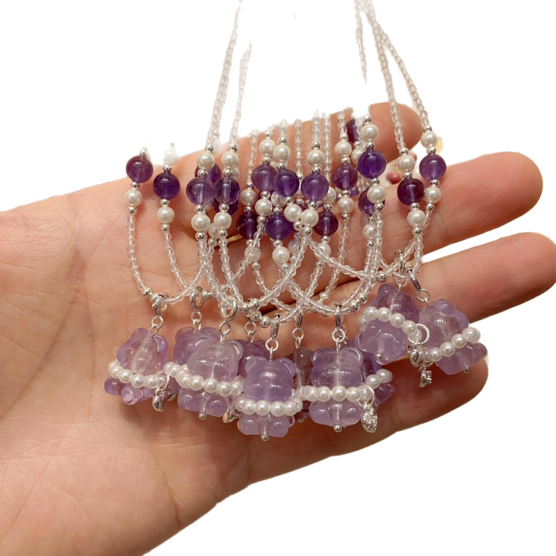 Ametiszt kristály nyaklánc, kézzel készített, szabályos lánc, medál állat-zodiákus formája, tavasz 2025.