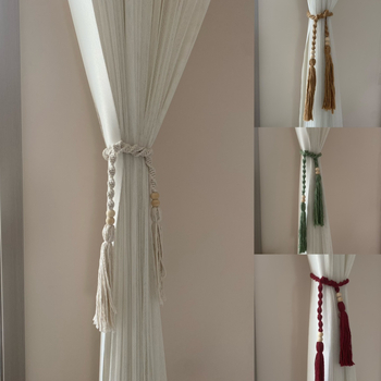 Kézzel szőtt pamut-lin függönyöv bohémi stílusú csomózós dizájnnal; testreszabható és licencelhető magáncímke