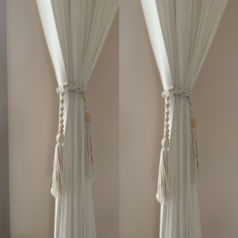 Kézzel szőtt pamut-lin függönyöv bohémi stílusú csomózós dizájnnal; testreszabható és licencelhető magáncímke