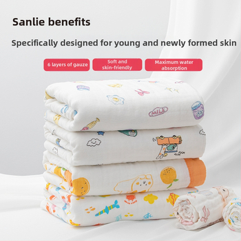 Sanli prosop de baie pentru bebeluș din bumbac 100%, tifon, șase straturi, margine lată, 300–400 g