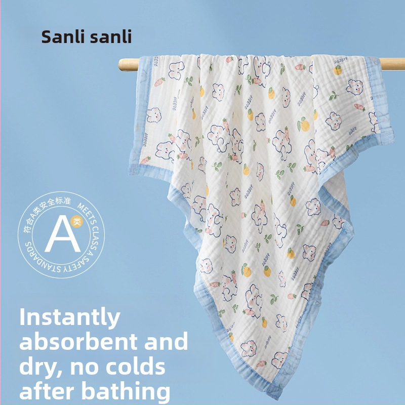 Sanli prosop de baie pentru bebeluș din bumbac 100%, tifon, șase straturi, margine lată, 300–400 g