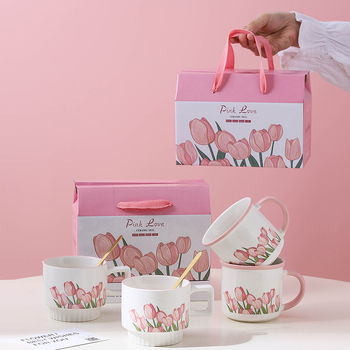 Tulip keraminis puodelis su šaukšteliu – dviejų puodelių rinkinys dovanų dėžutėje su logotipu kaip suvenyras