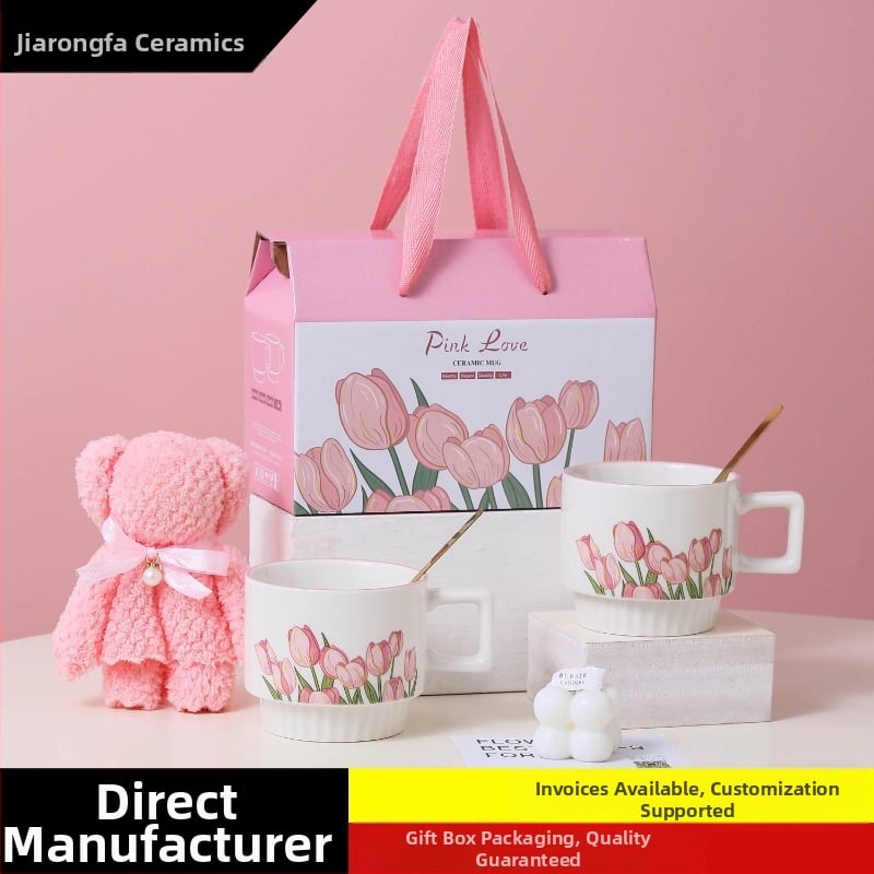 Tulip keraminis puodelis su šaukšteliu – dviejų puodelių rinkinys dovanų dėžutėje su logotipu kaip suvenyras